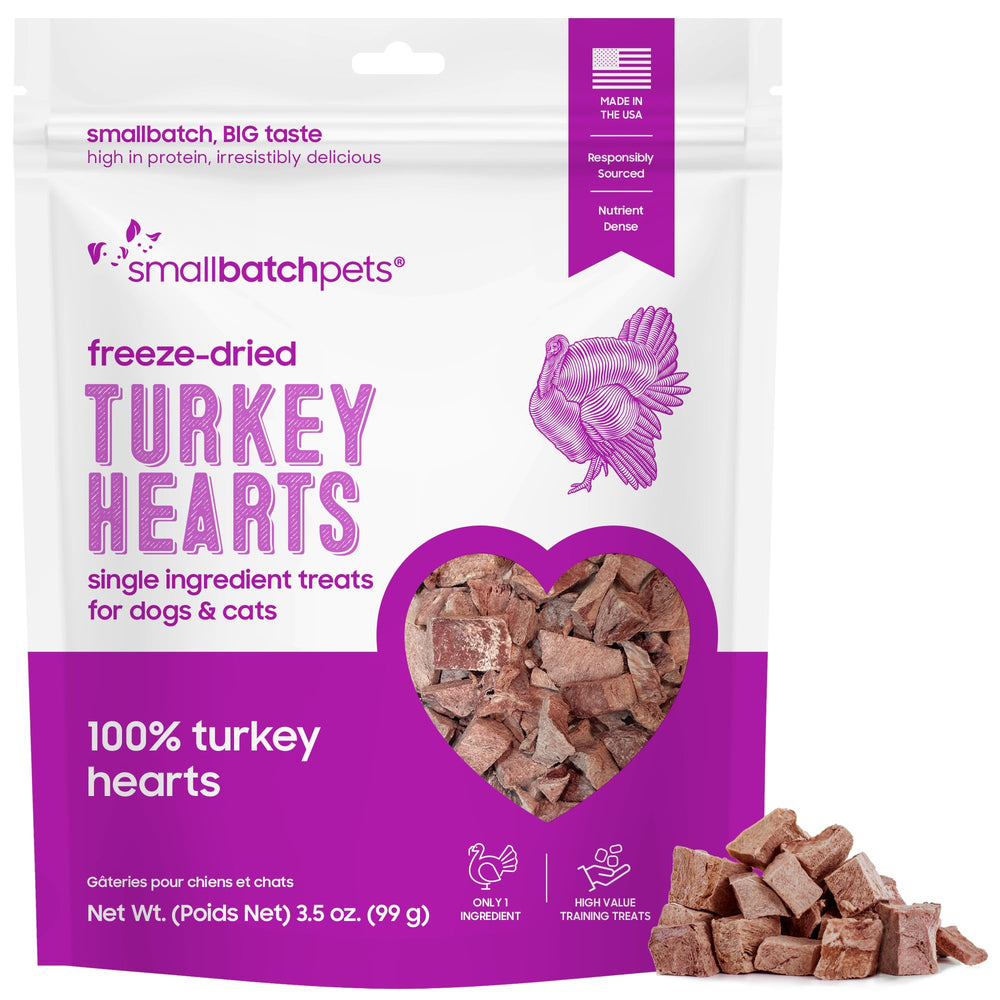 Smallbatch Pets freeze-dried turkey heart treats pack—single-ingredient snack for dogs and cats.