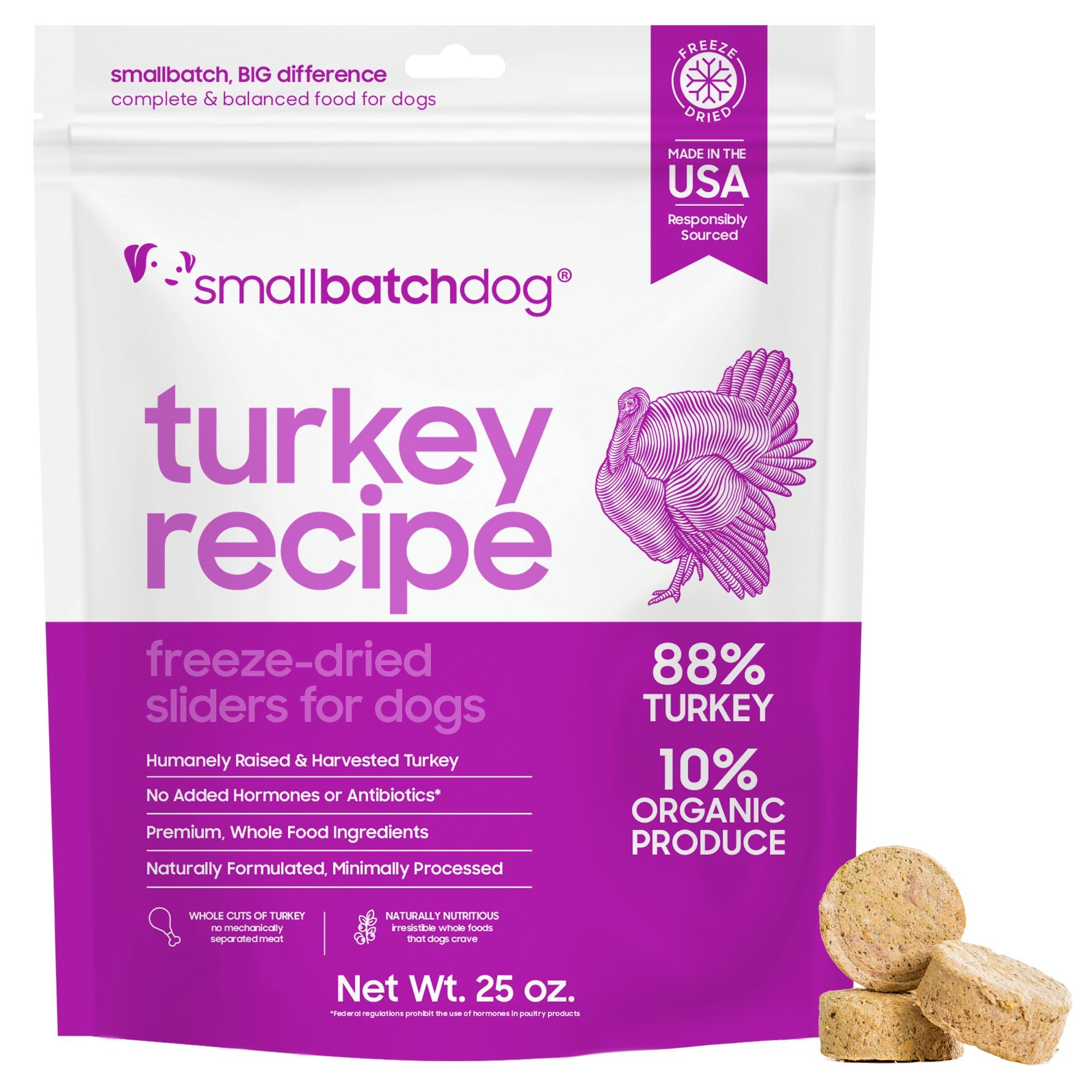 Smallbatch Pets freeze dried turkey patties ready to hydrate for meals.