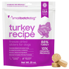 Smallbatch Pets freeze dried turkey patties ready to hydrate for meals.