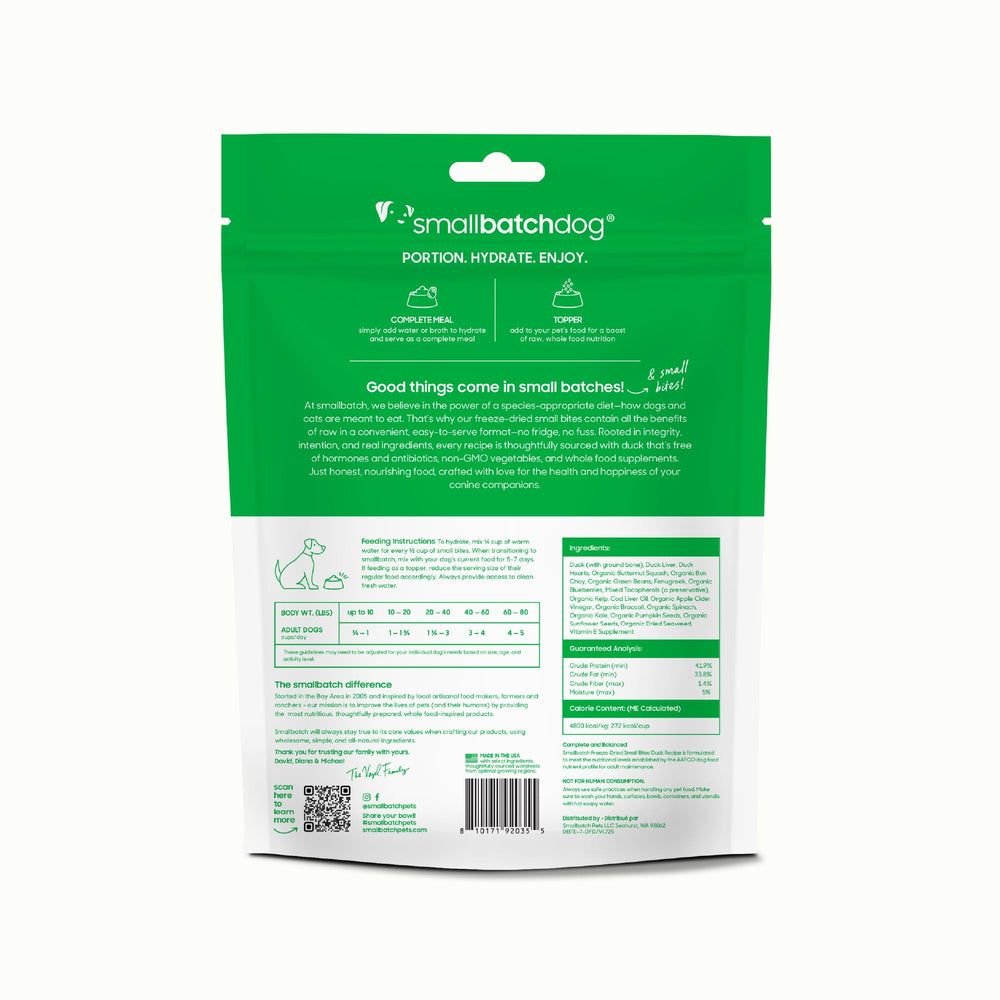 Smallbatch Pets packaging emphasizes convenience and responsible sourcing.