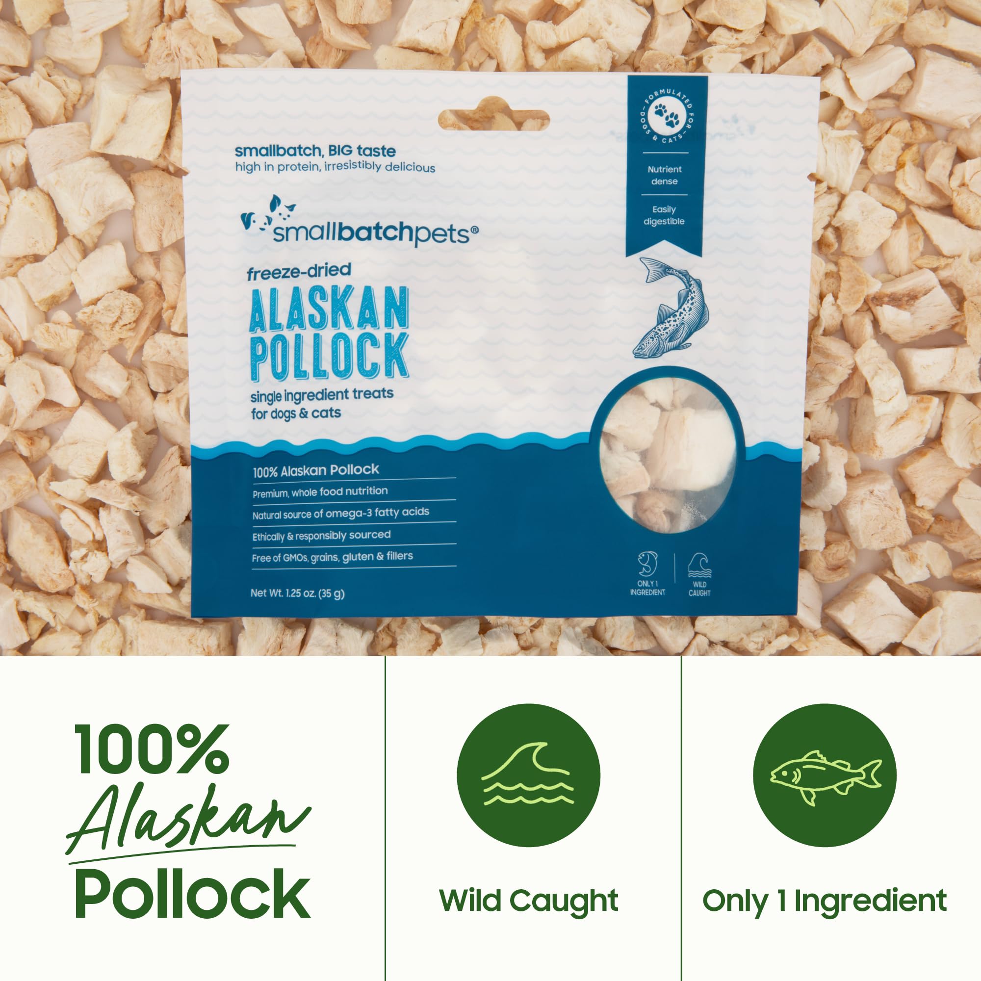 Smallbatch Pets Pollock treat in resealable pouch for easy rewards.