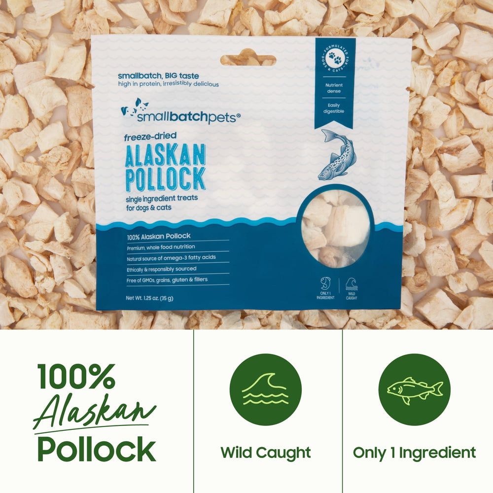 Smallbatch Pets Pollock treat in resealable pouch for easy rewards.