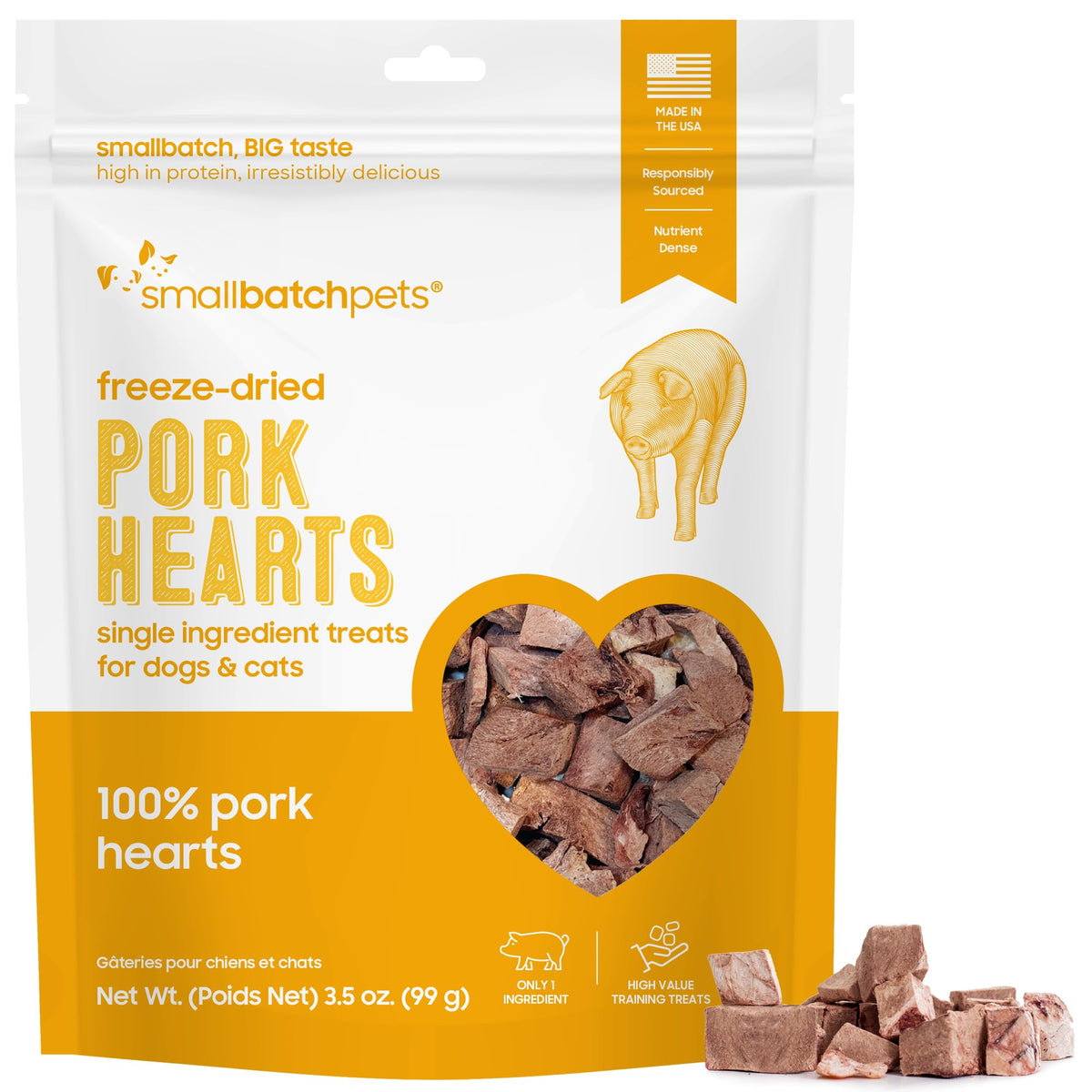 smallbatch Pets pork heart treats packaging front, USA-made single-ingredient nutrition.