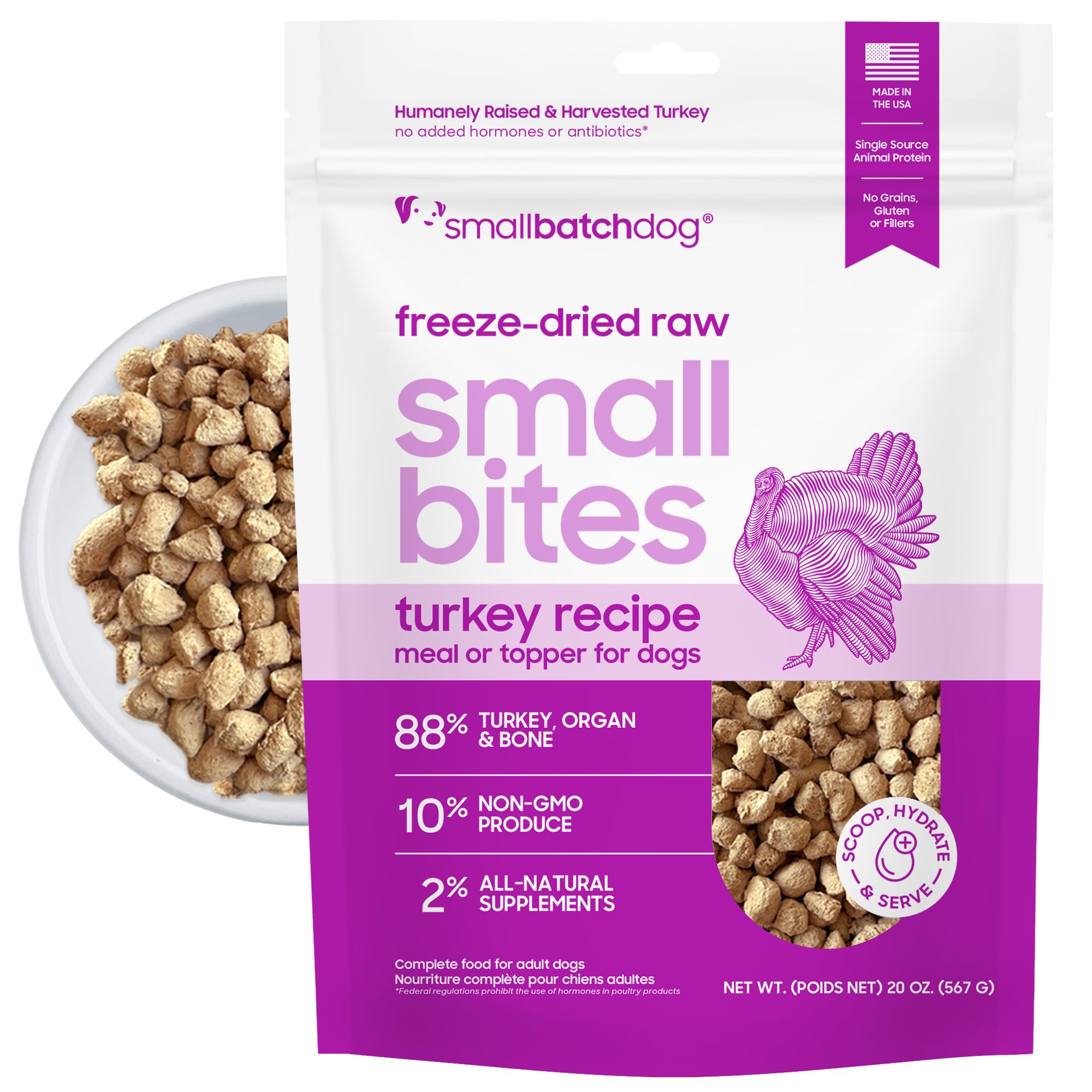 Smallbatch Pets turkey recipe bites in a bowl showcase high-protein raw nutrition.