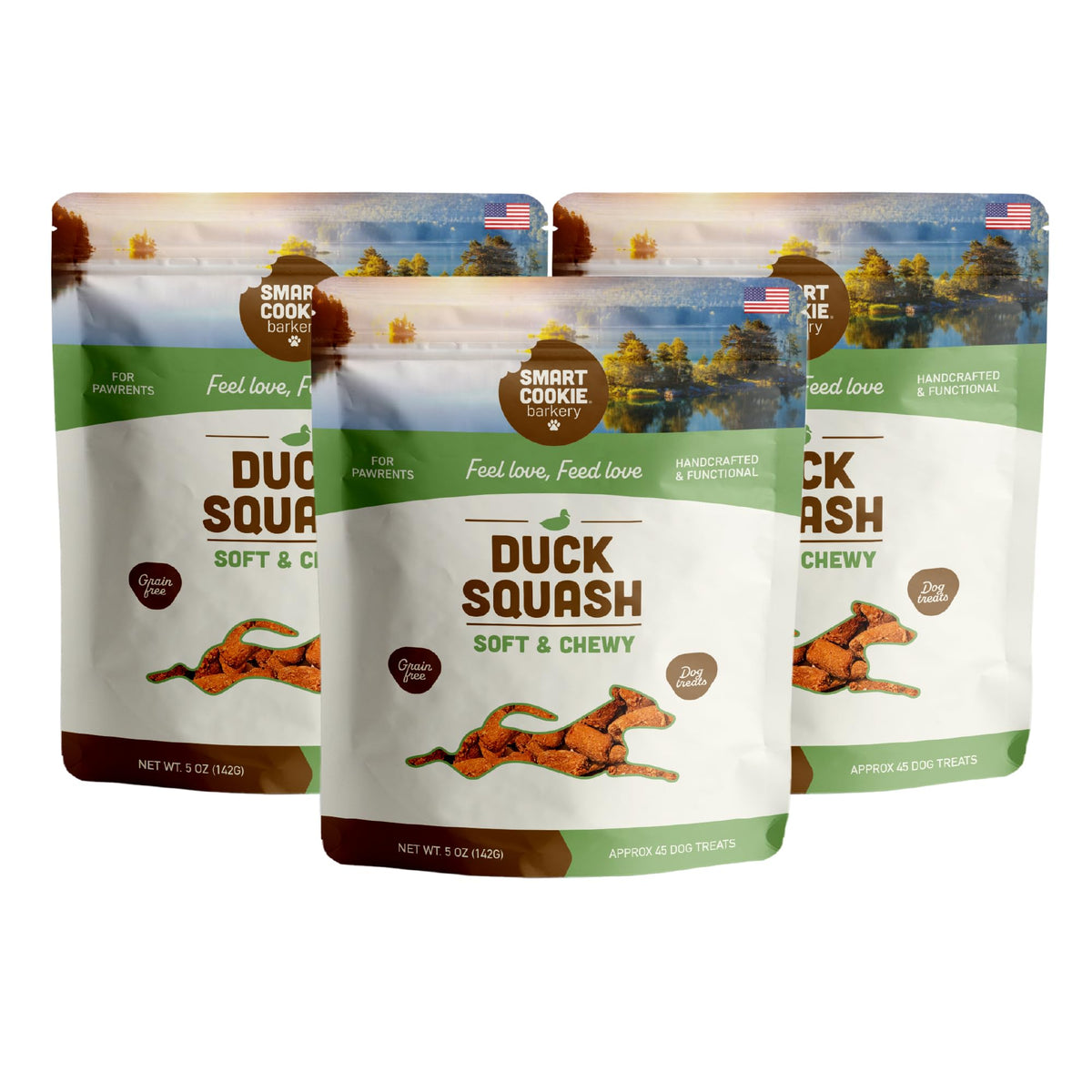 Smart Cookie duck-squash soft treats in a dog bowl, perfect training rewards.