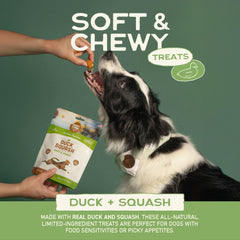 Close-up of Smart Cookie duck-squash treats texture, chewy and puppy-friendly.