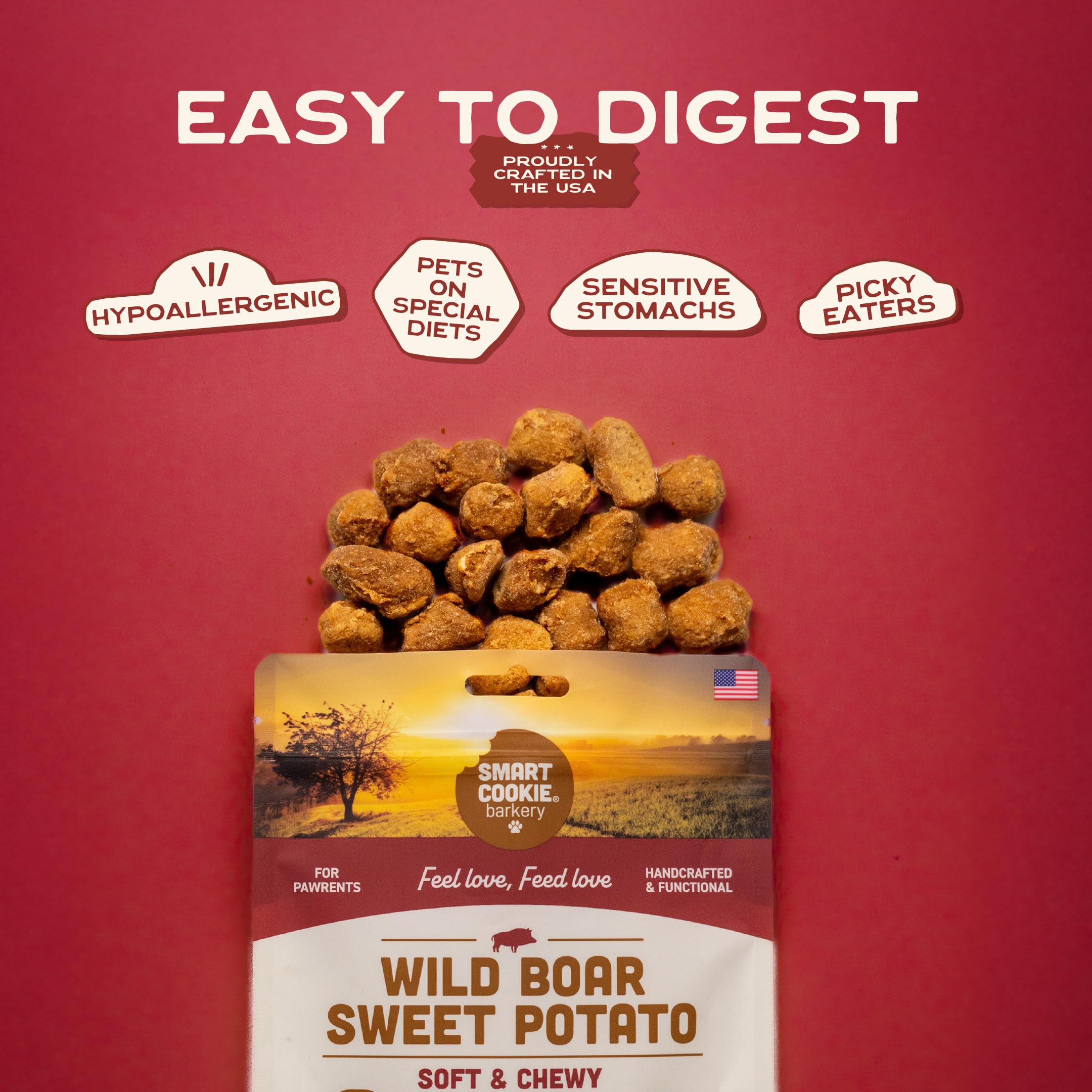 Smart Cookie grain-free formula visuals showcasing real meat and potatoes.