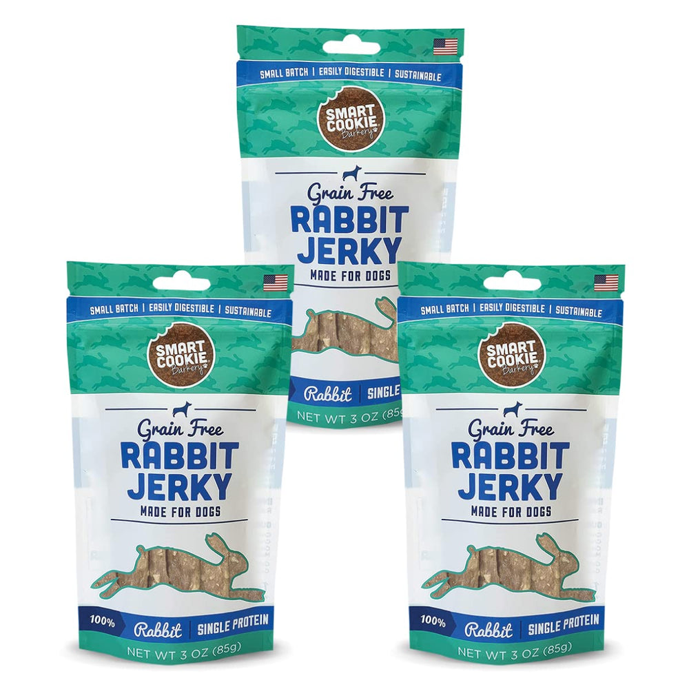 Smart Cookie rabbit jerky strips front pack 3oz ideal for training rewards