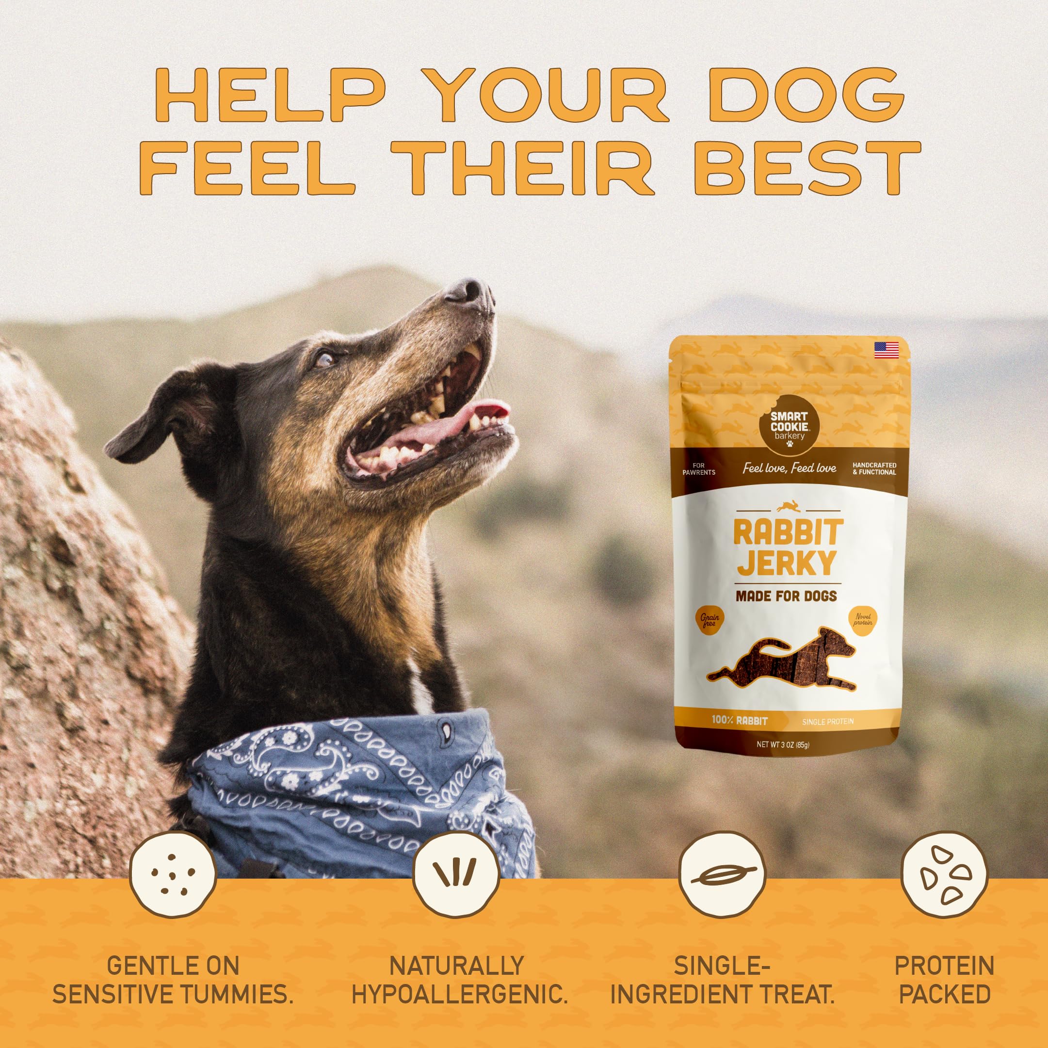 Smart Cookie rabbit jerky strips grain-free formula highlights no wheat, corn, or soy.