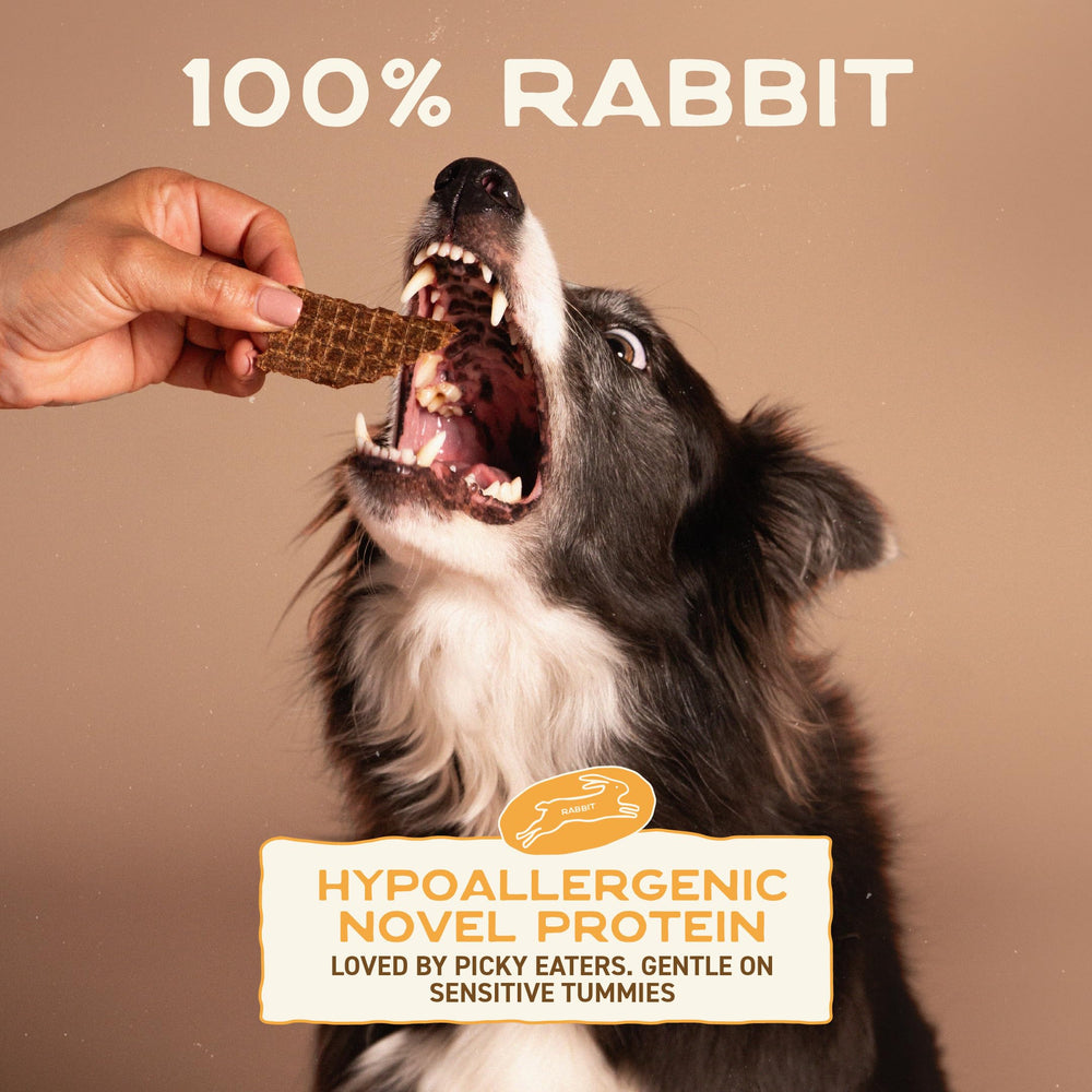 Smart Cookie rabbit jerky strips single-ingredient label emphasizes hypoallergenic choice.