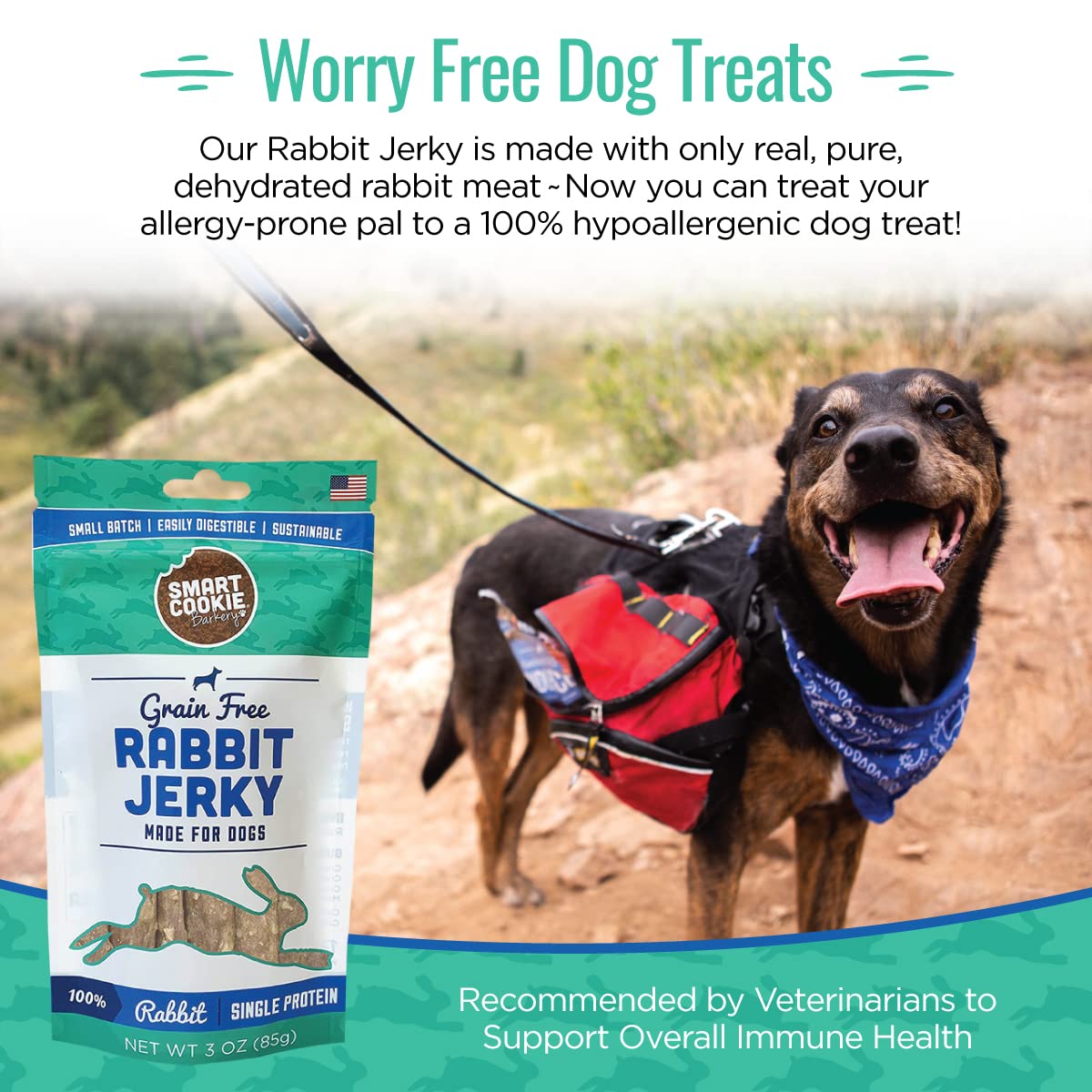 Smart Cookie rabbit jerky USA label highlighting USA-made sourcing
