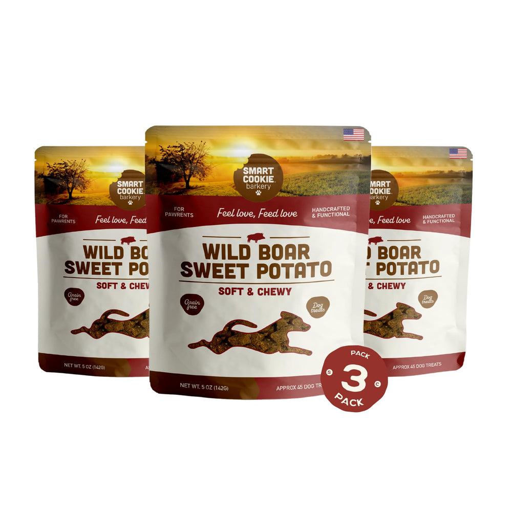Smart Cookie wild boar and sweet potato treats packaging front, highlighting natural ingredients.