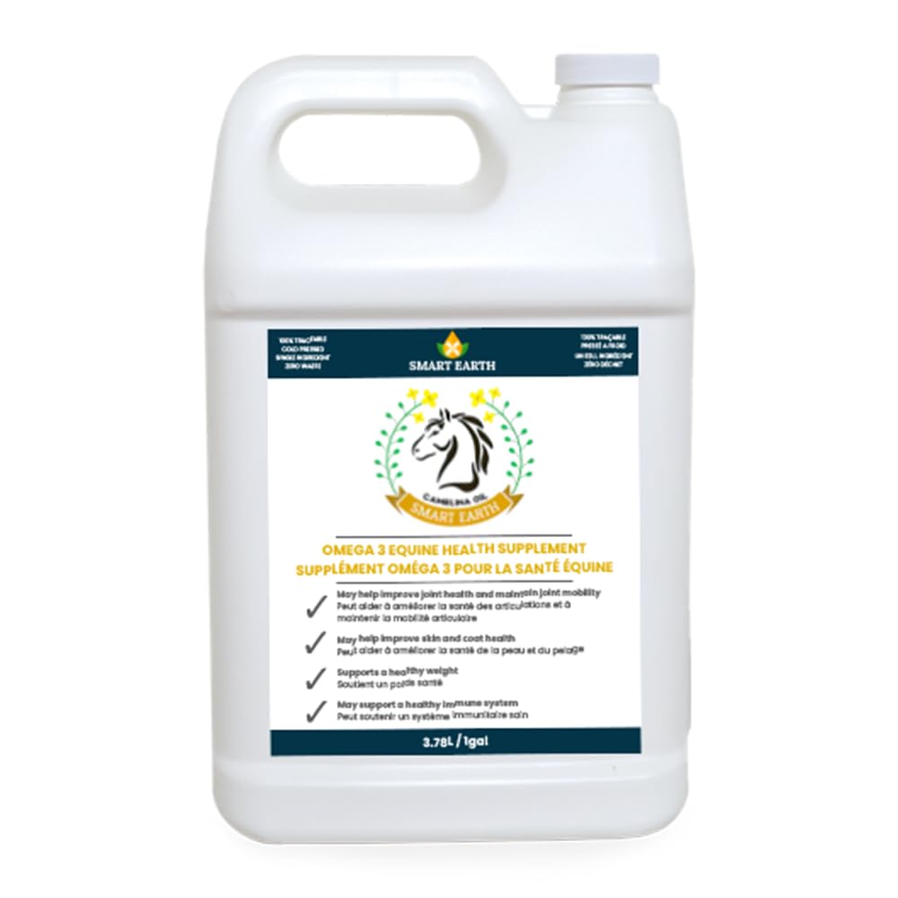 Smart Earth camelina oil bottle front highlighting healthier coats for horses