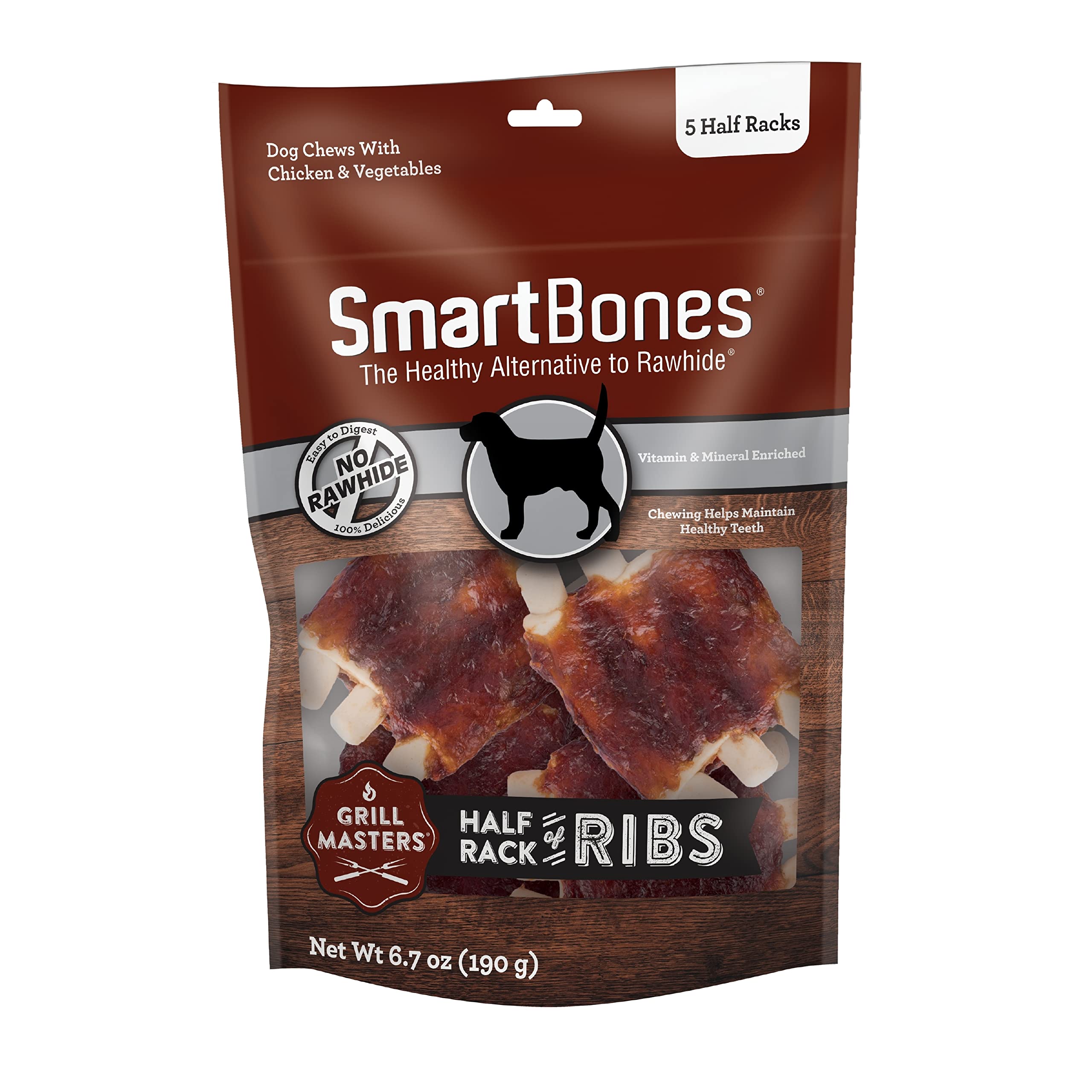 SmartBones Grill Masters Ribs Half Racks package shows rawhide-free dog chews for safer chewing.