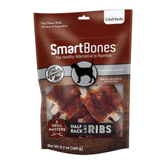 SmartBones Grill Masters Ribs Half Racks package shows rawhide-free dog chews for safer chewing.