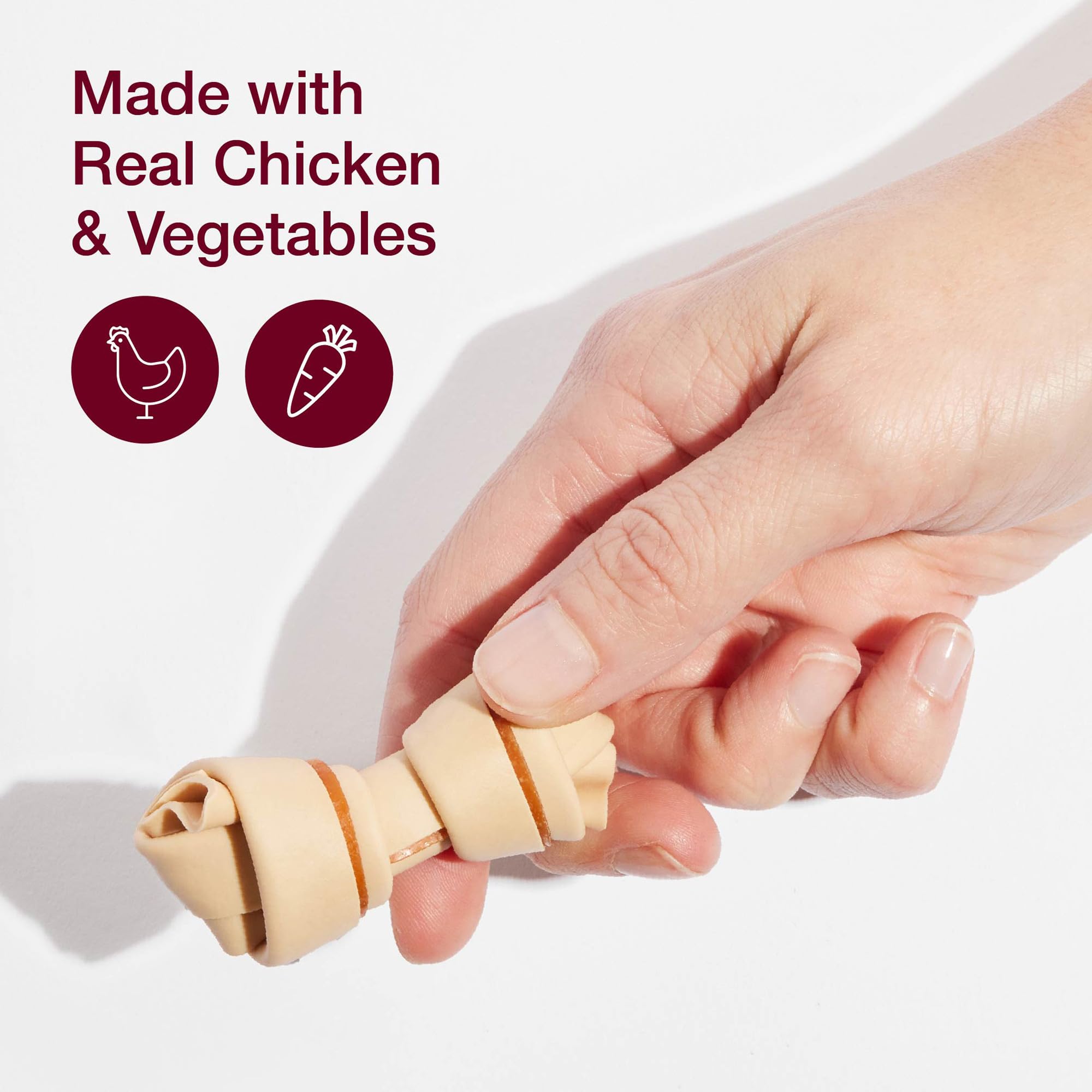 SmartBones Mini Bones cross-section showing chicken center wrapped by vegetables