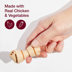 SmartBones Mini Bones cross-section showing chicken center wrapped by vegetables