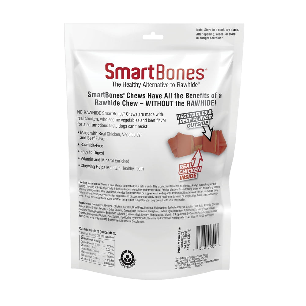 SmartBones Mini Chews showing beef-vegetable outside with chicken center for flavor and digestion.