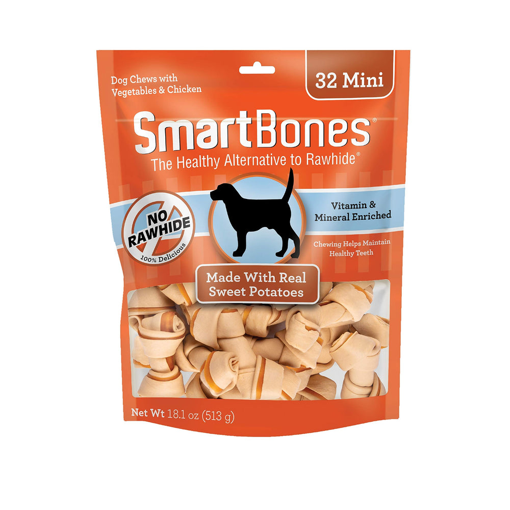 SmartBones Mini Chews with sweet potato outside and chicken inside, easy-to-digest dog treat.