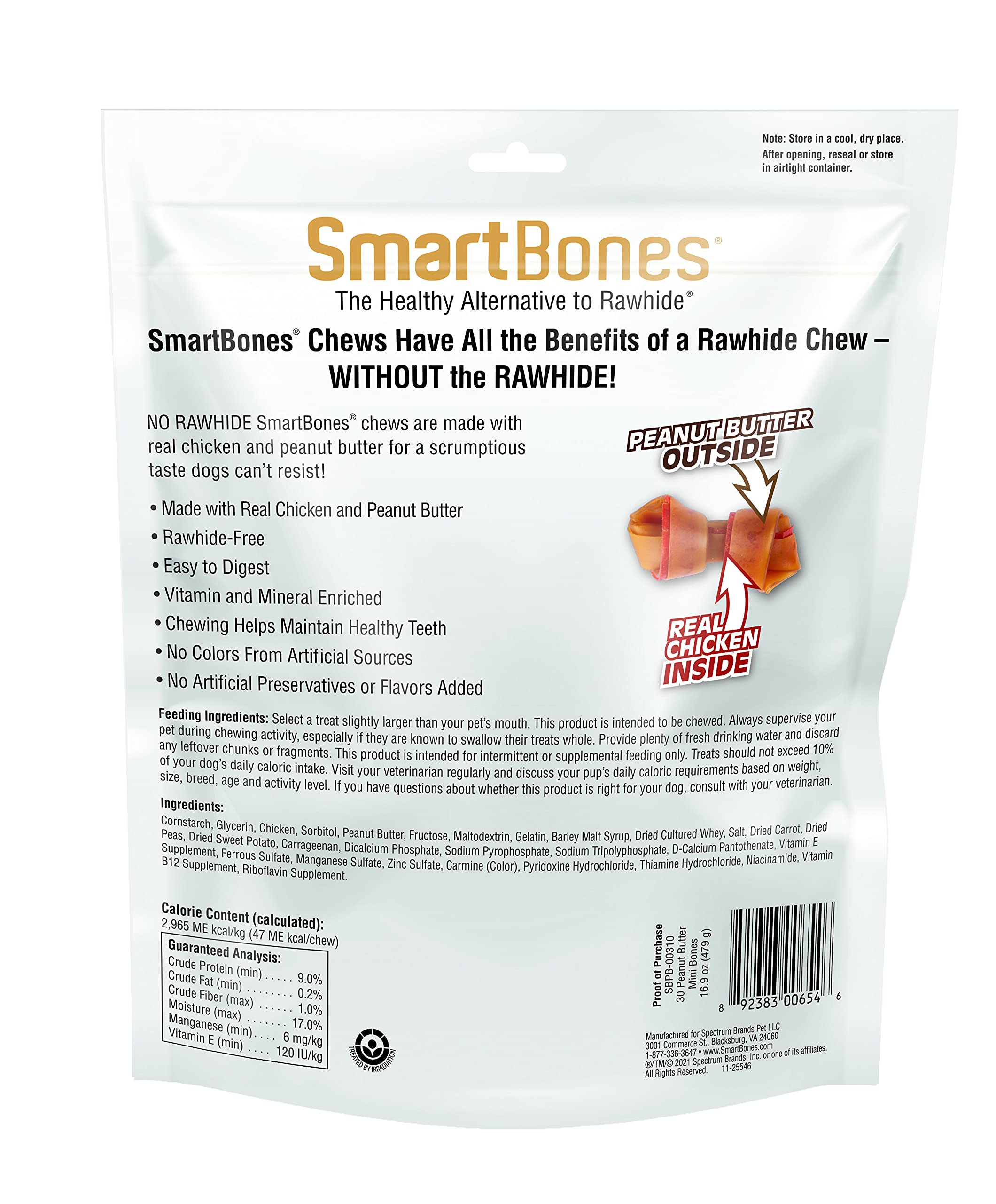 SmartBones Peanut Butter Mini Chews close-up ingredients highlight the digestible, rawhide-free formula.