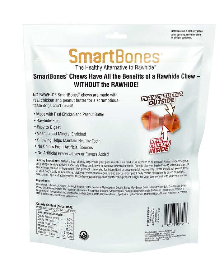 SmartBones Peanut Butter Mini Chews close-up ingredients highlight the digestible, rawhide-free formula.