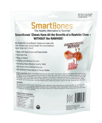 SmartBones Peanut Butter Mini Chews close-up ingredients highlight the digestible, rawhide-free formula.