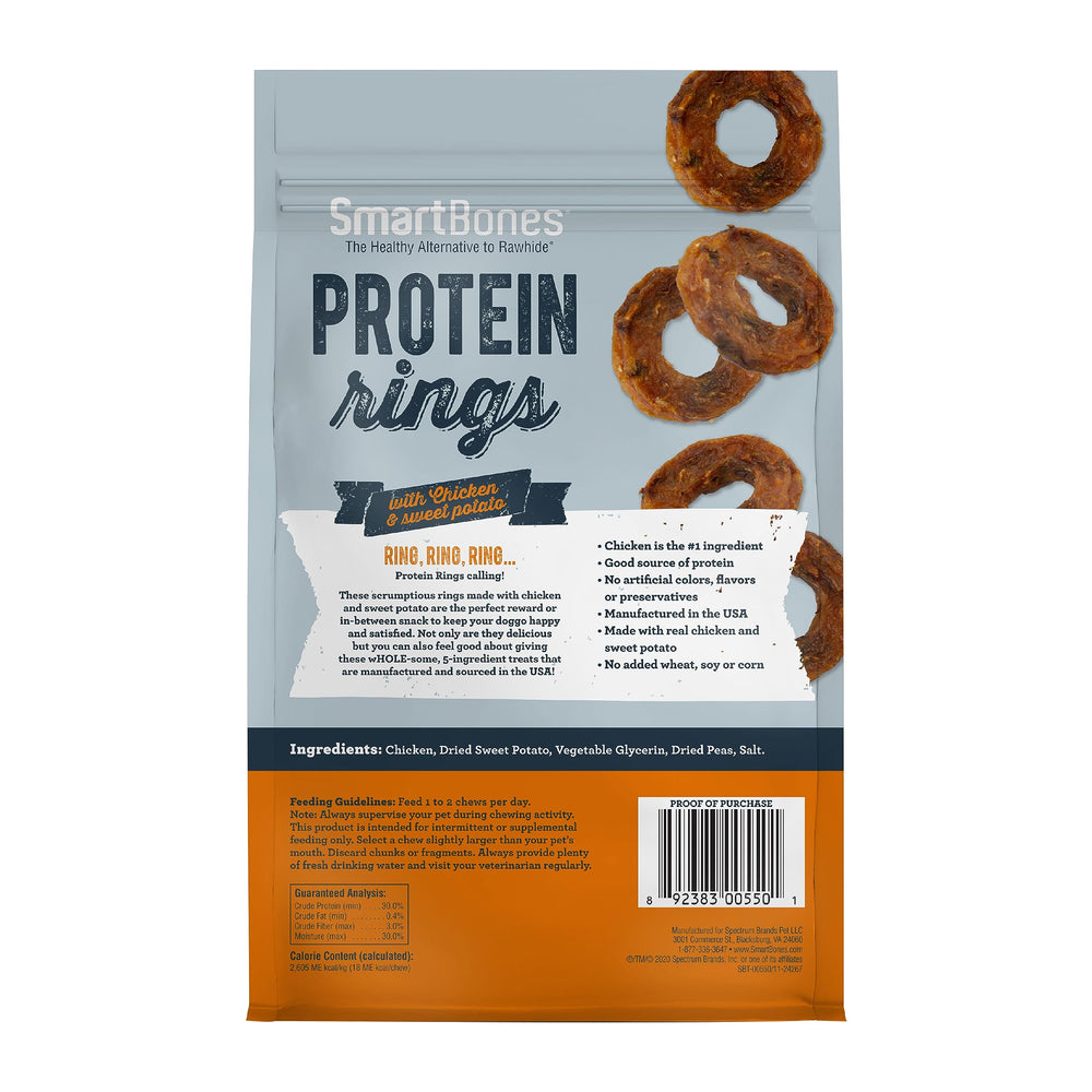 SmartBones Protein Rings ingredients panel showing real chicken and sweet potato