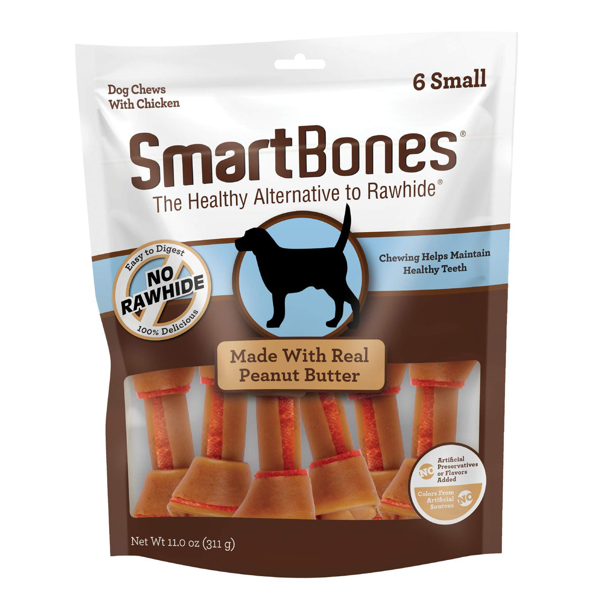 SmartBones Small Bones chews with real chicken and peanut butter; 6-pack may support dental care.