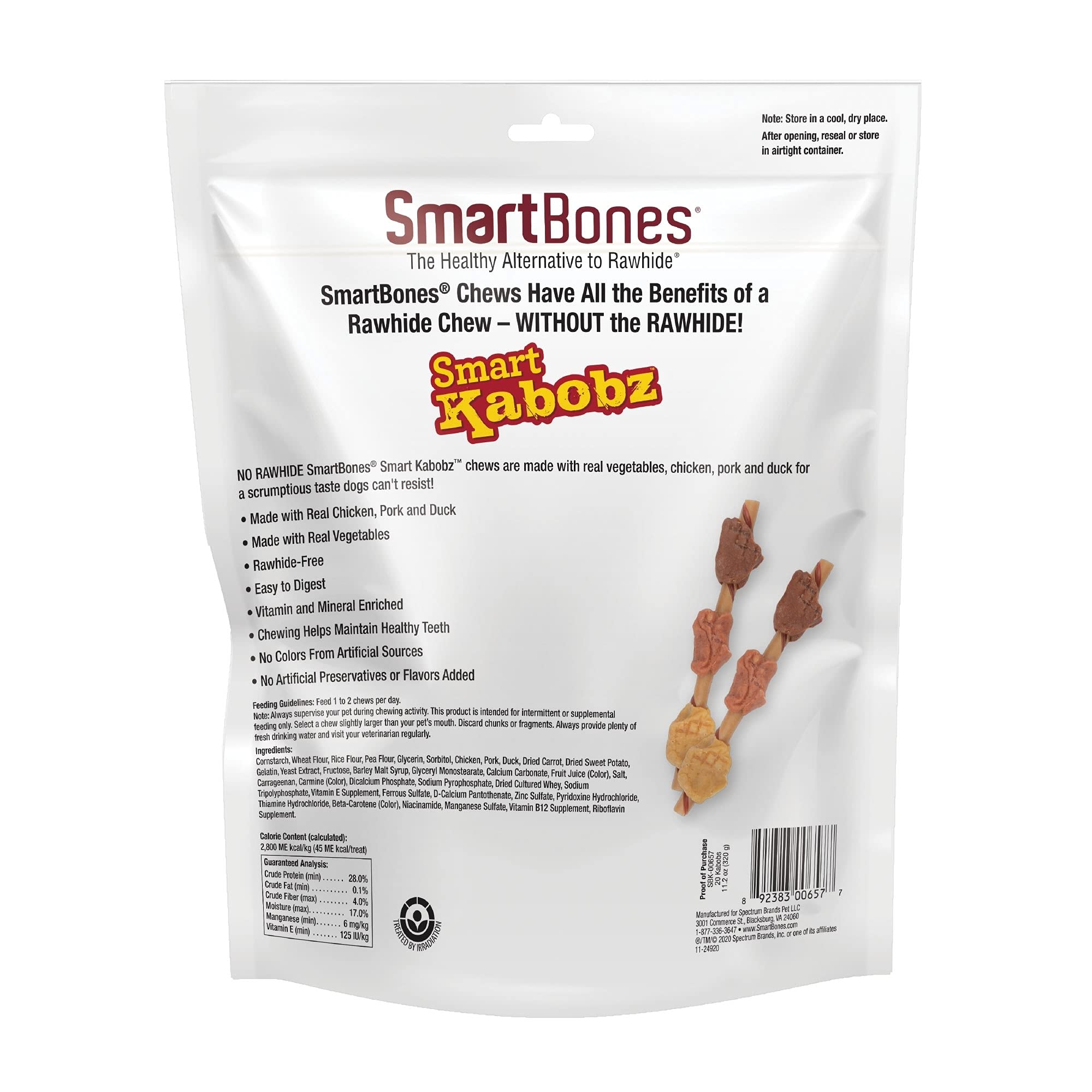 SmartBones Smart Kabobz close-up showing real chicken, pork and duck flavors for dogs.