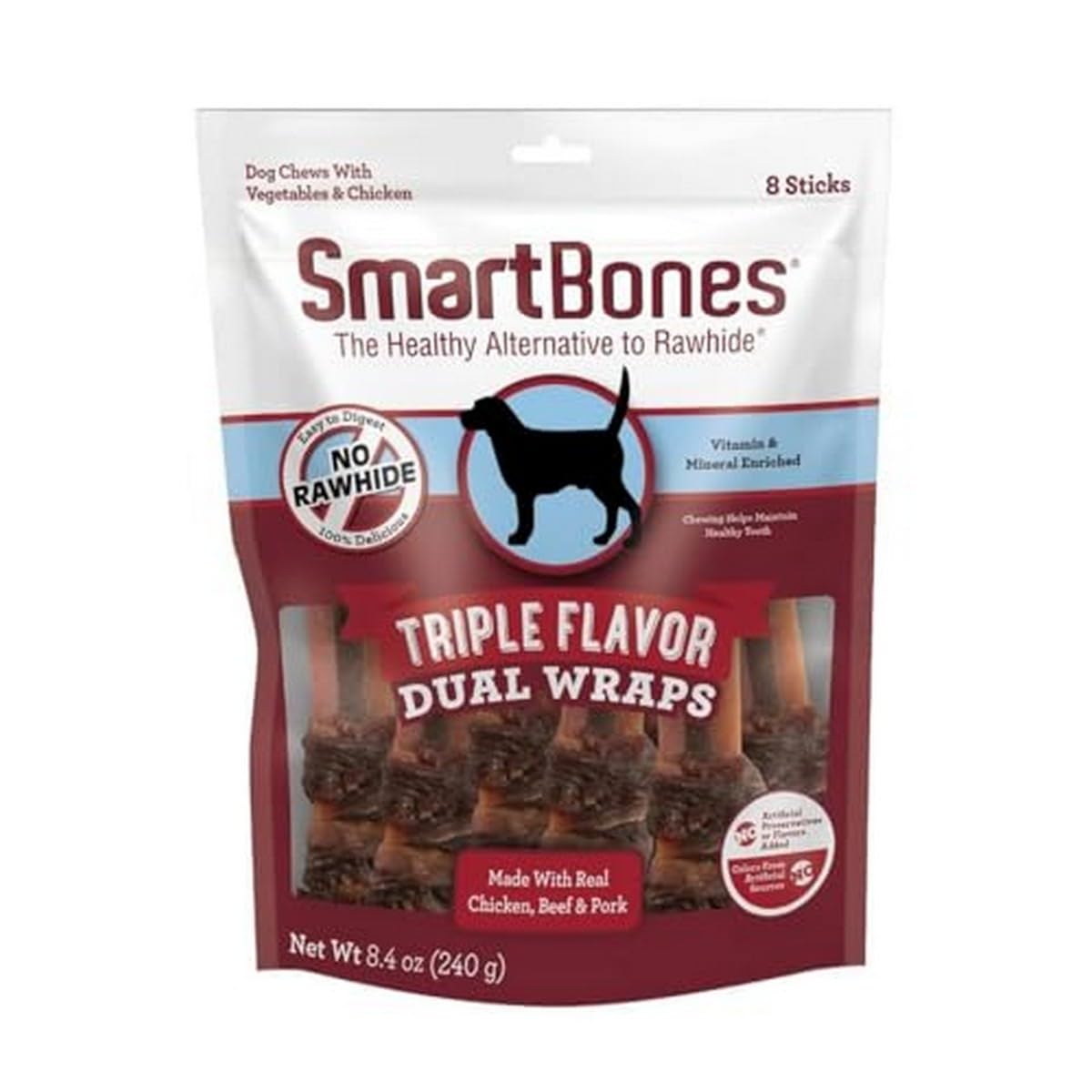 SmartBones Triple Flavor Dual Wraps pack showing real meat layers for a flavorful, easy-to-digest chew
