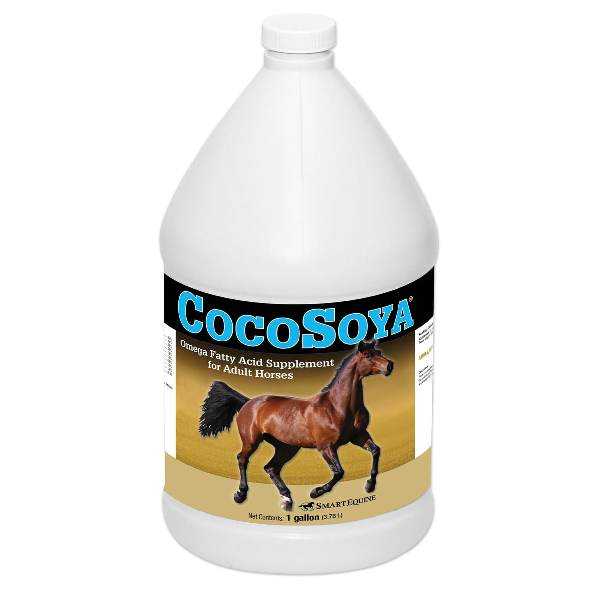SmartEquine CocoSoya Oil bottle pour suggesting potential coat gloss.