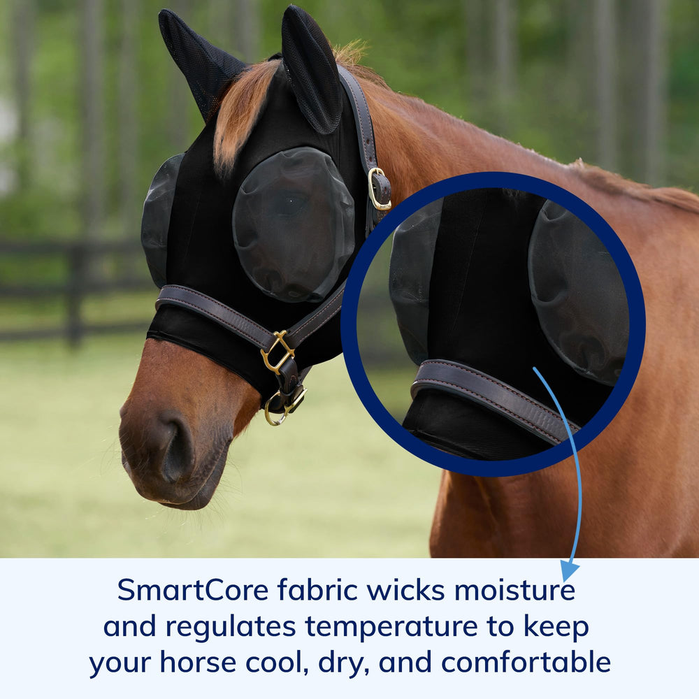 SmartEquine Comfort Fly Mask side view shows full coverage and easy stretch fit