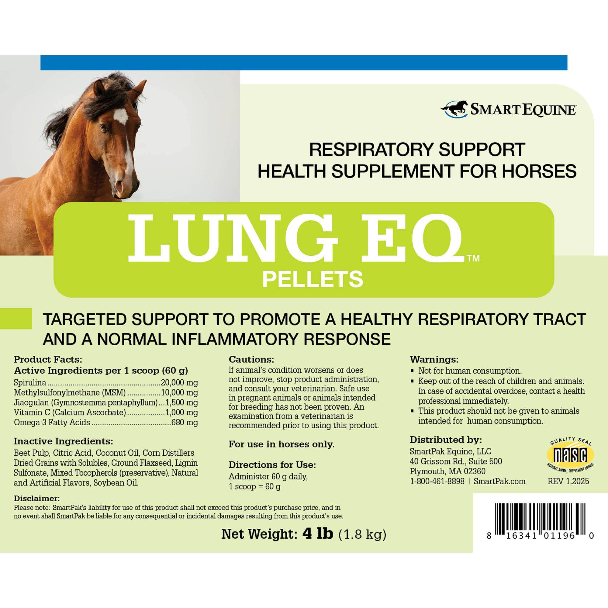SmartEquine Lung EQ Pellets bottle shown for convenient equine lung care.