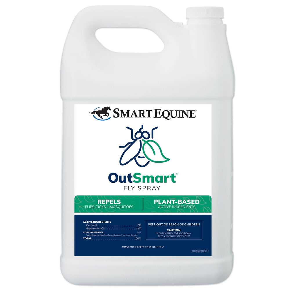 SmartEquine OutSmart Fly Spray bottle pour shows smooth, even coverage on a horse.