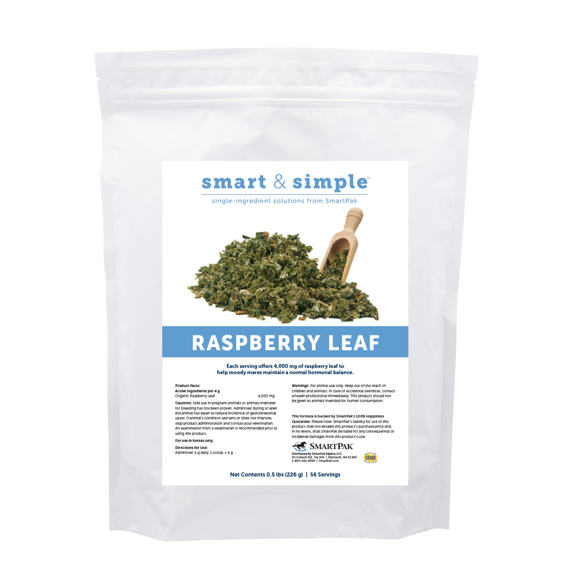 SmartEquine Smart Simple Raspberry Leaf bottle shows calm mood support for moody mares.