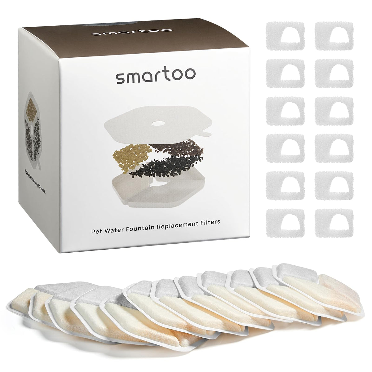 Smartoo replacement filters 12-pack for PTM-643 fountain, enhances water freshness.