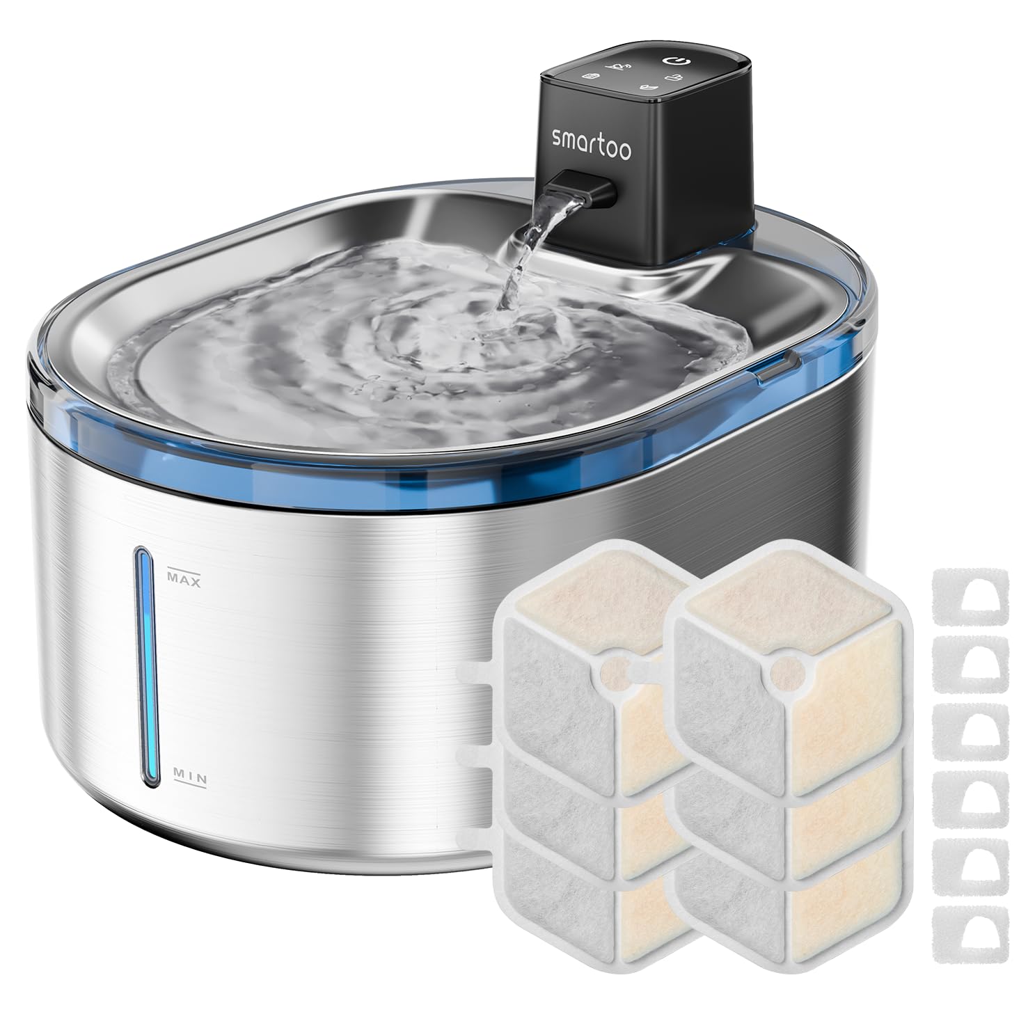 Smartoo wireless cat fountain in stainless steel with 4.5L capacity for pets.