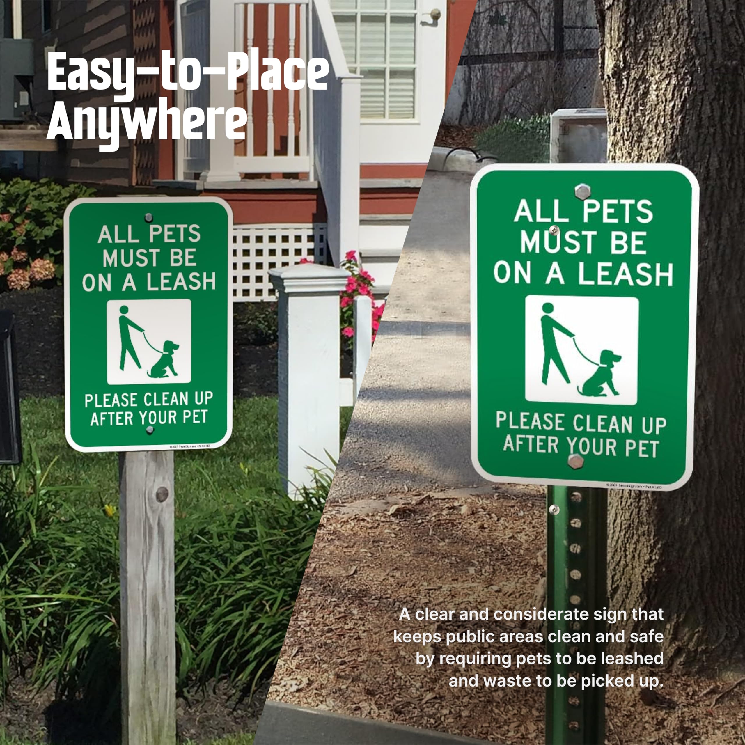 SmartSign All Pets Must Be On Leash sign green white contrast improves readability day and night