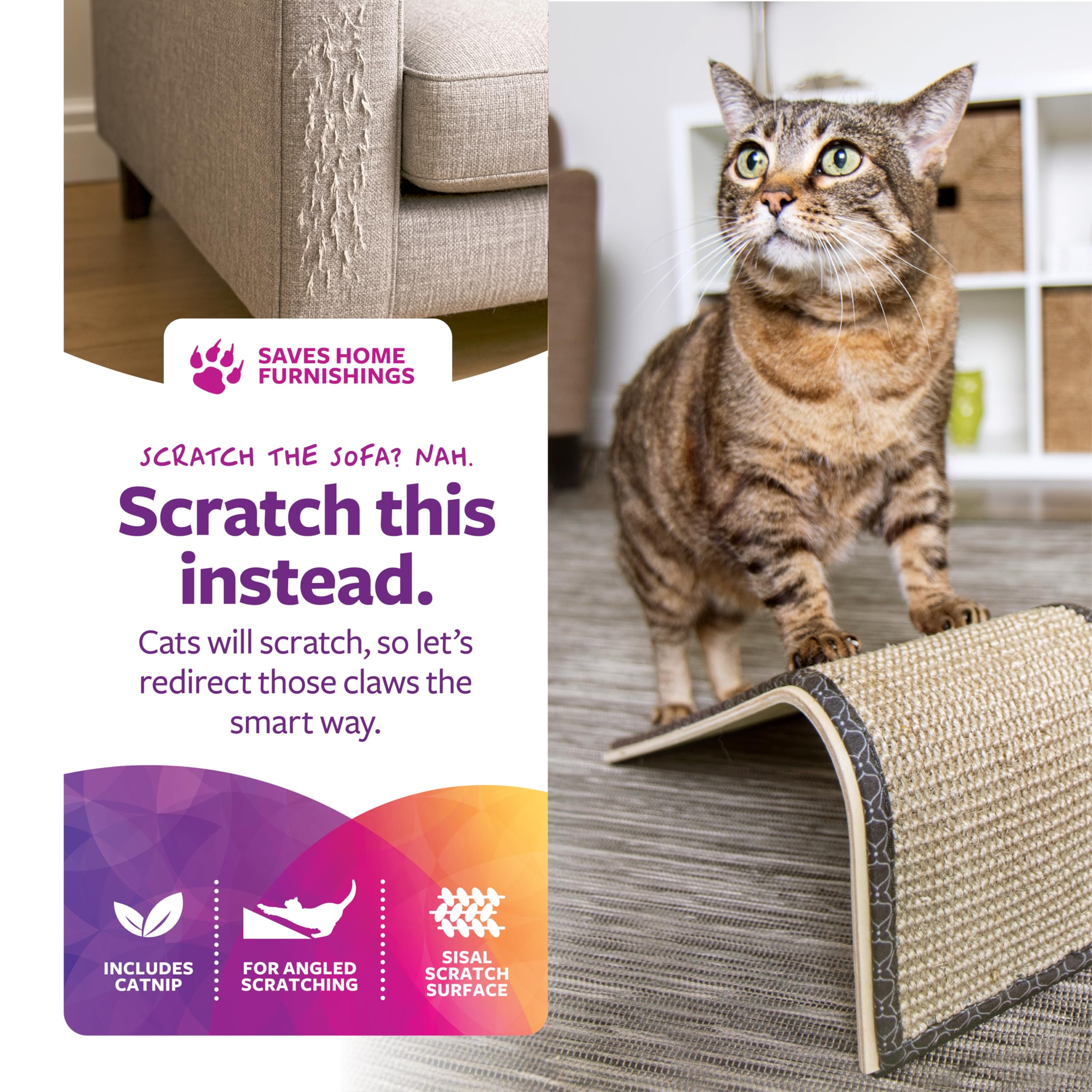 SmartyKat Natural woven sisal surface invites extended scratching and stretching for cats.