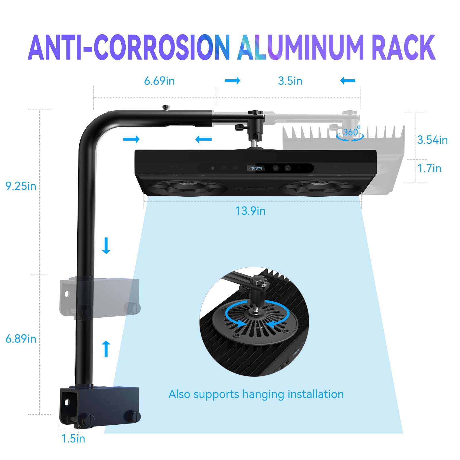 SMATFARM reef light dual-mounting bracket OLED display for easy setup.