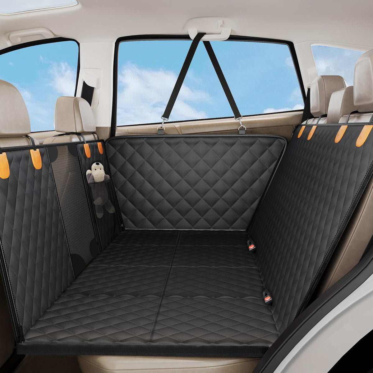 Smatto dog car seat cover with back seat hammock protects upholstery during rides.
