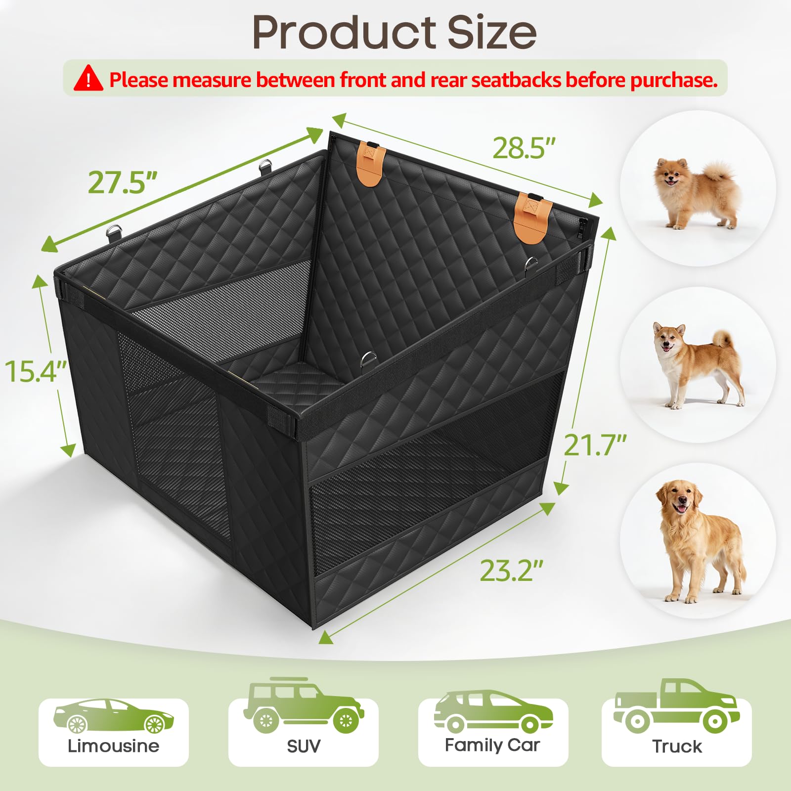 Smatto dog car seat showing generous size for large breeds for easy entry.