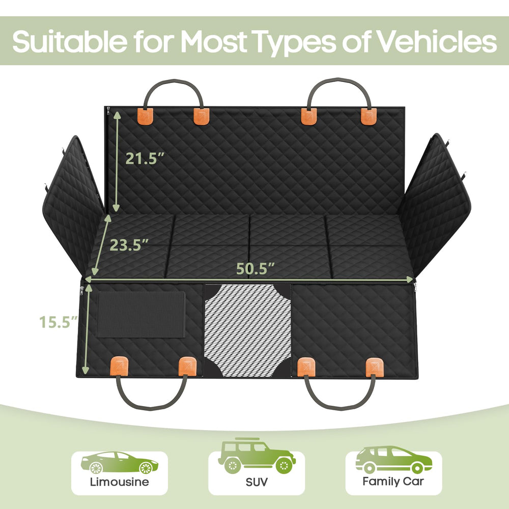 Smatto dog hammock with mesh window for airflow and visibility during trips.