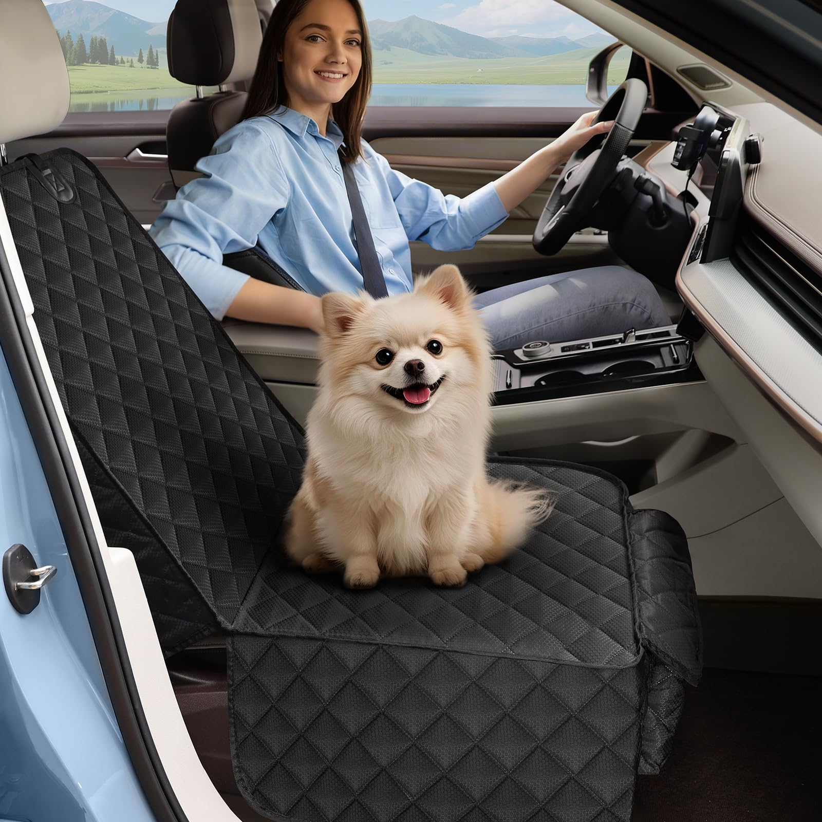 Smatto front seat cover protects interiors from fur, urine, and scratches.