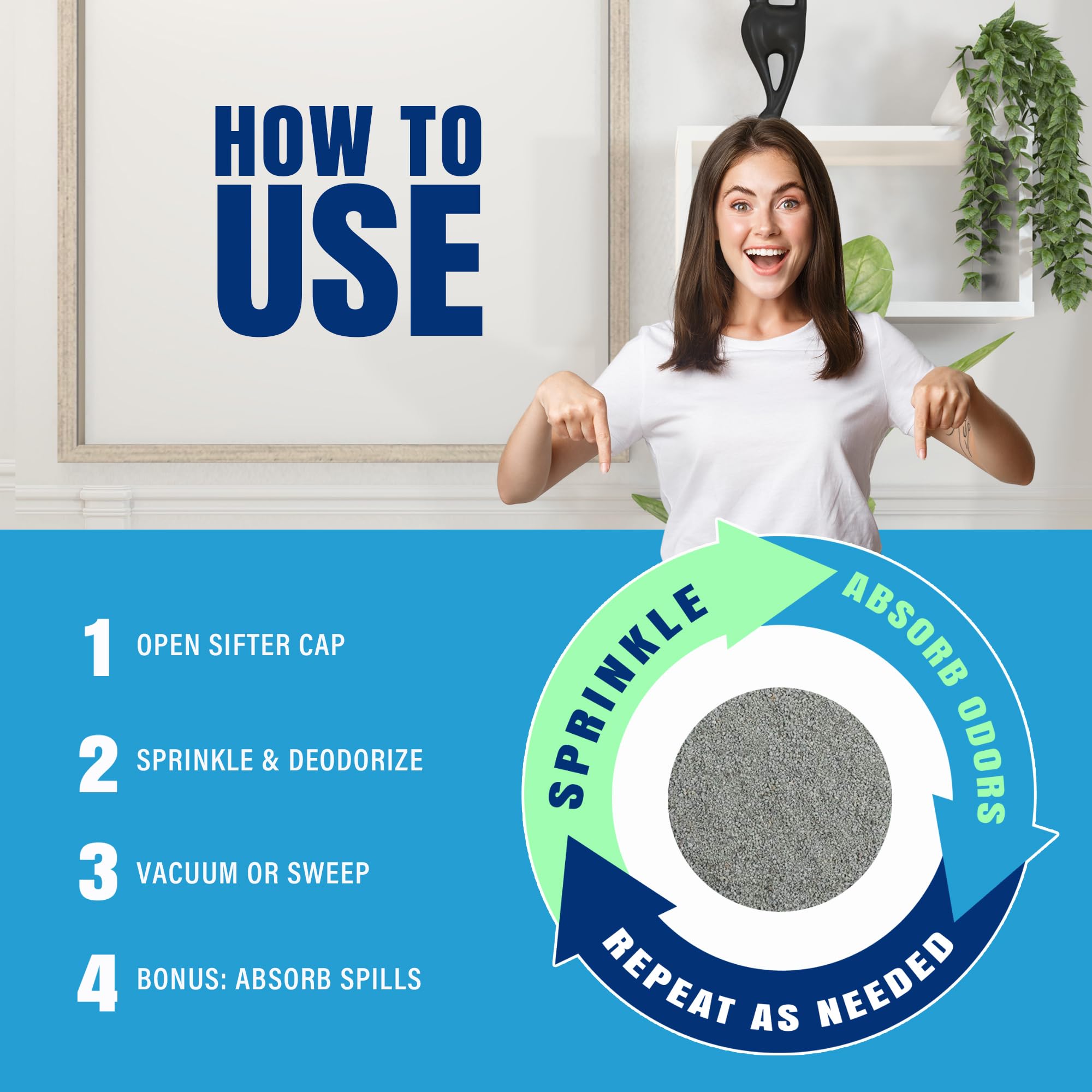 SMELLEZE multi-use odor eliminator for air, shelves, and surfaces.