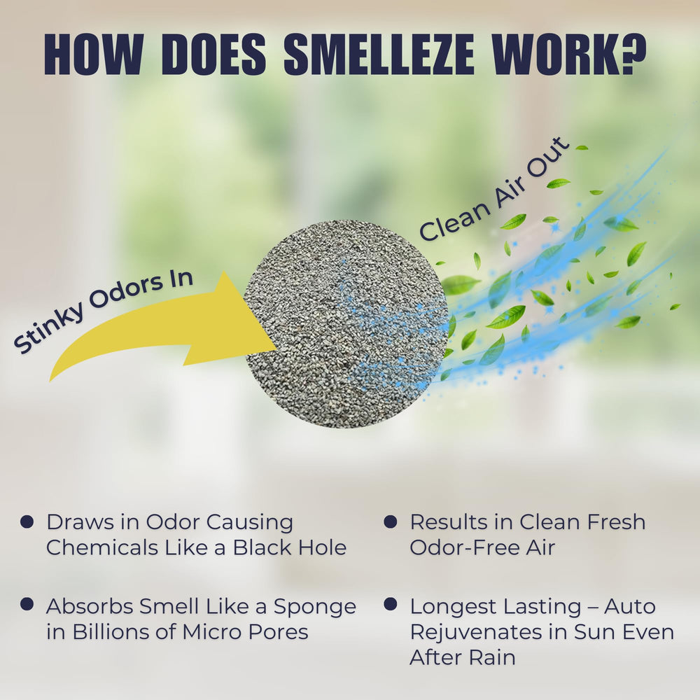 SMELLEZE air purification granules depict improved indoor air by adsorbing odors.