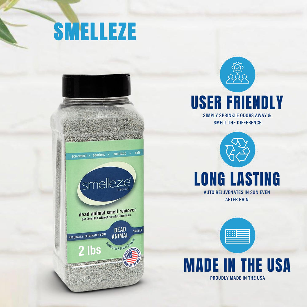 SMELLEZE granules shown for quick odor removal without added fragrances.