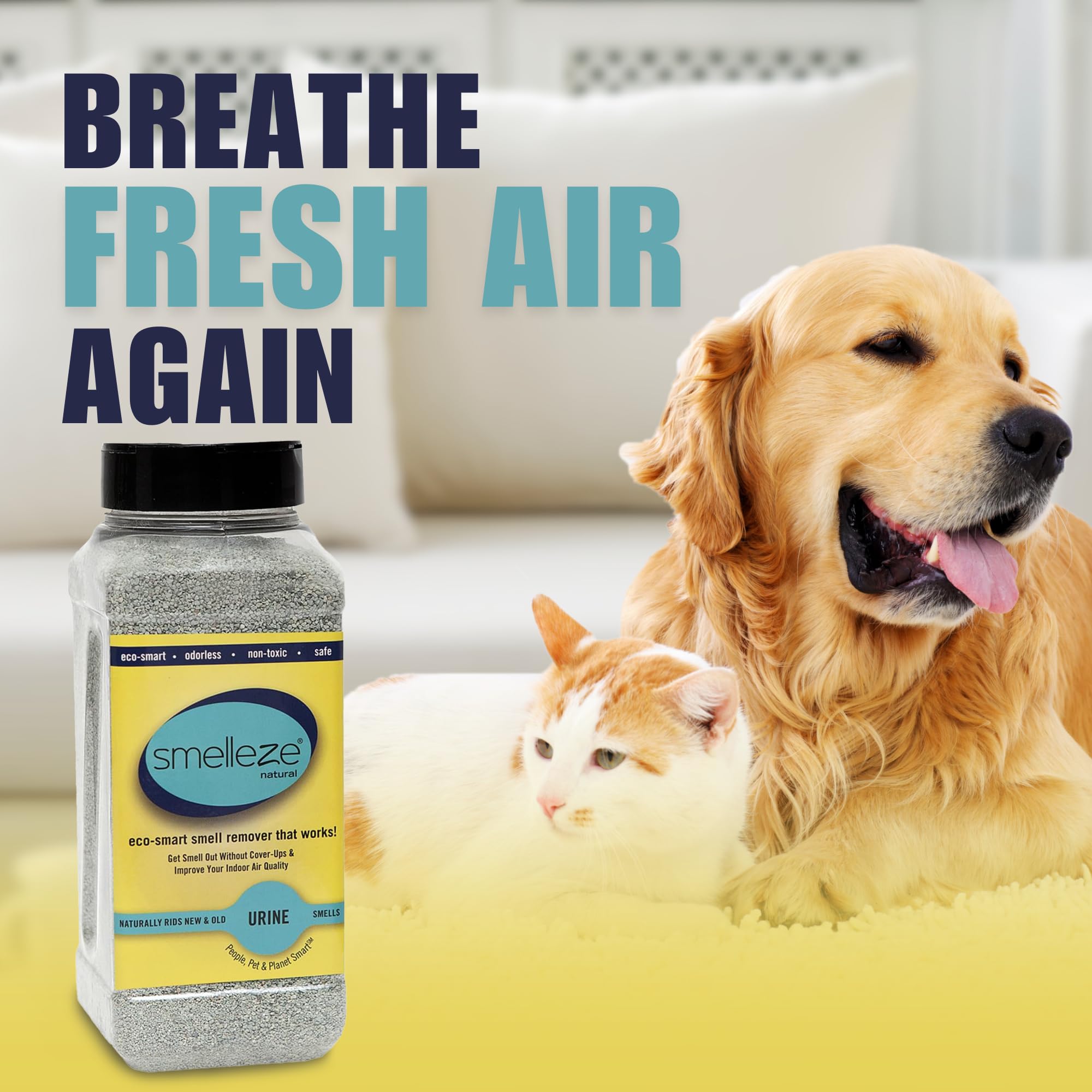 SMELLEZE granules for absorption illustration showing long-lasting odor removal.