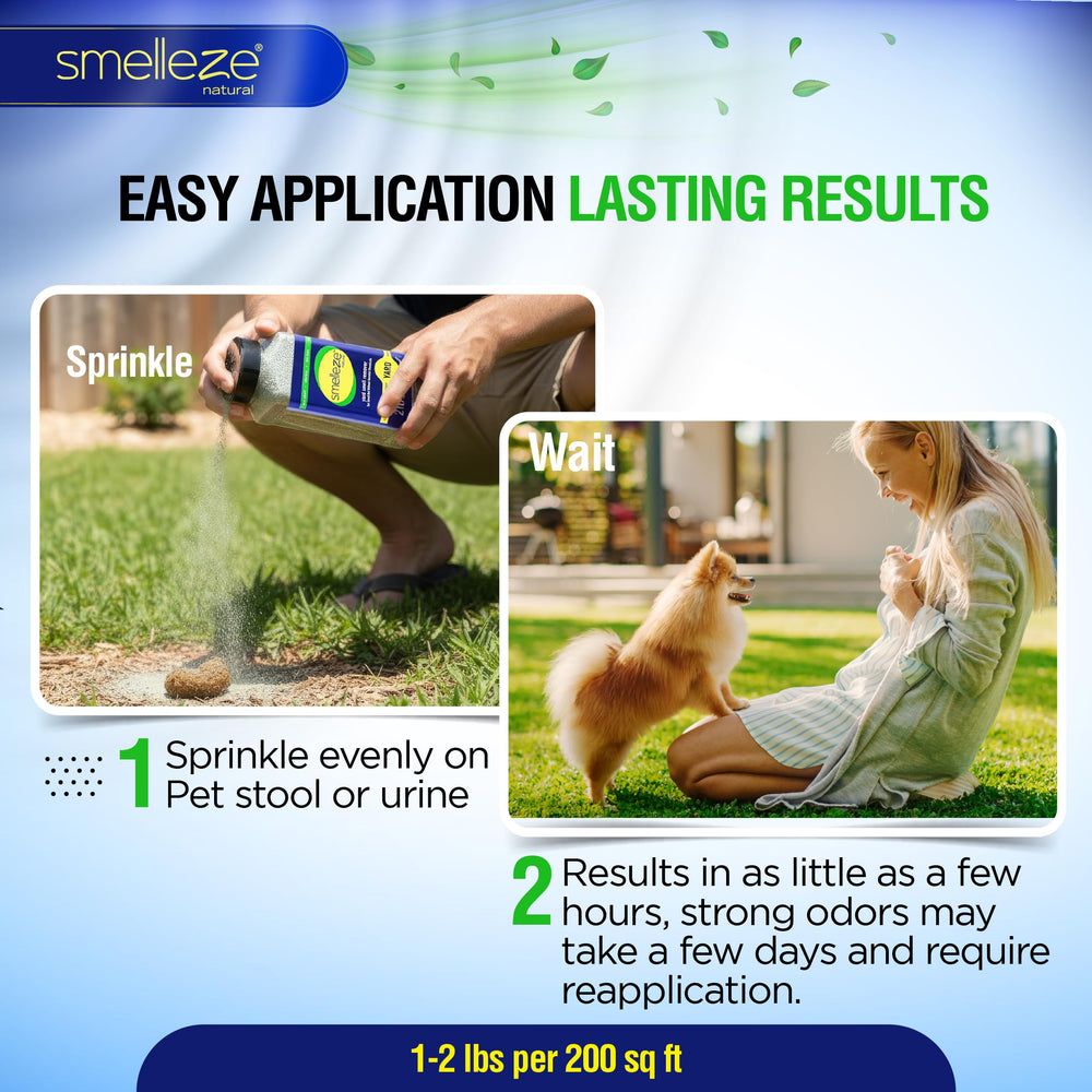 Smelleze works on grass, artificial turf, gravel, concrete, and kennels for versatile odor relief.