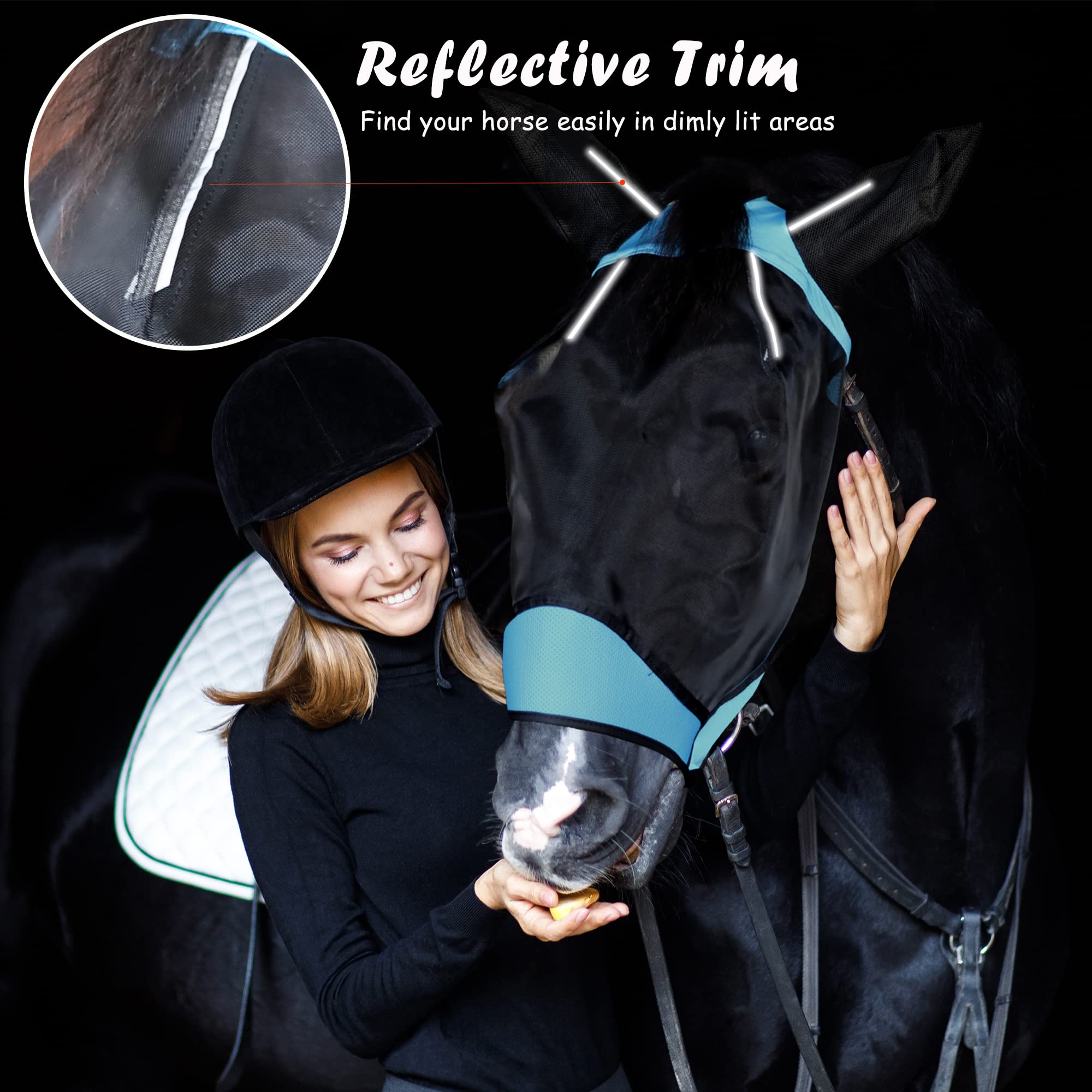 SMFUSMFU blue fly mask provides UV protection for sunny rides.